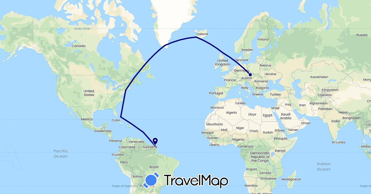 TravelMap itinerary: driving in Bahamas, Canada, Czech Republic, France, United Kingdom, Greenland, Iceland, United States (Europe, North America)